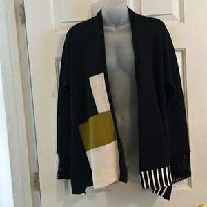 Women’s Knit Sweater Cardigan, Color Blocked, Black/Green/White,  One Of A Kind